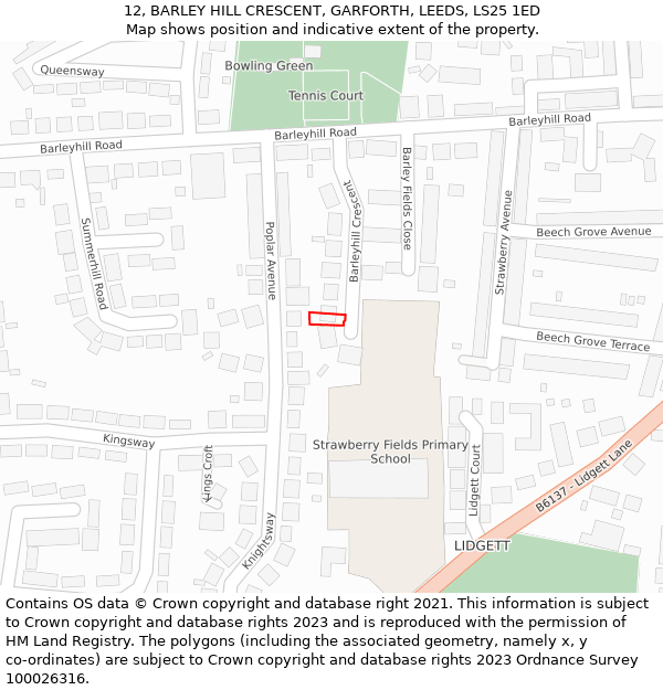 12, BARLEY HILL CRESCENT, GARFORTH, LEEDS, LS25 1ED: Location map and indicative extent of plot