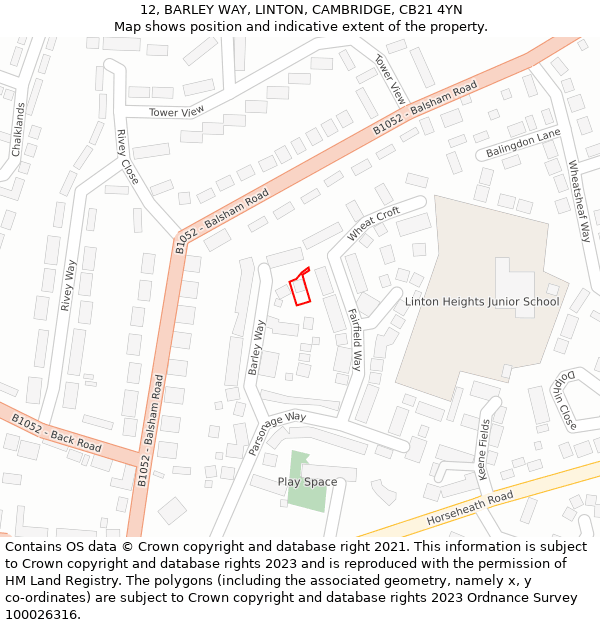 12, BARLEY WAY, LINTON, CAMBRIDGE, CB21 4YN: Location map and indicative extent of plot