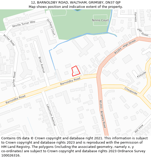 12, BARNOLDBY ROAD, WALTHAM, GRIMSBY, DN37 0JP: Location map and indicative extent of plot