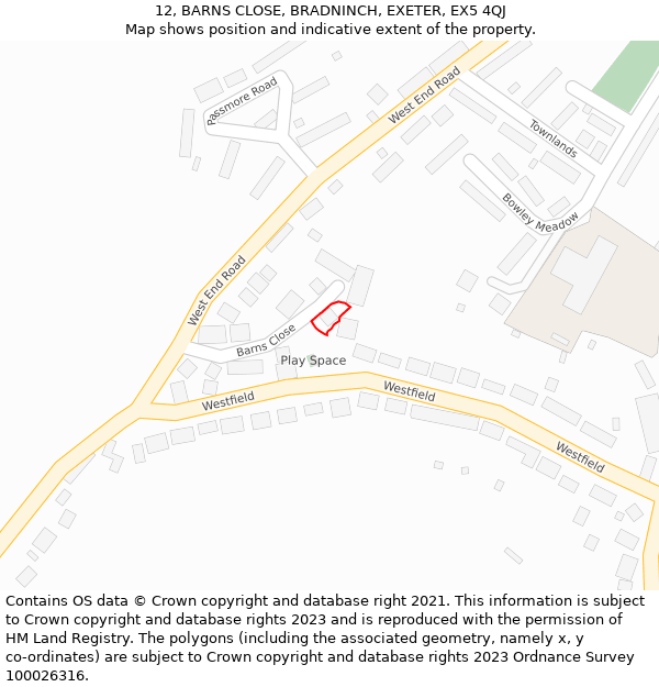 12, BARNS CLOSE, BRADNINCH, EXETER, EX5 4QJ: Location map and indicative extent of plot