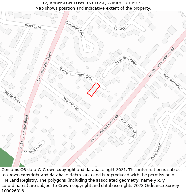 12, BARNSTON TOWERS CLOSE, WIRRAL, CH60 2UJ: Location map and indicative extent of plot