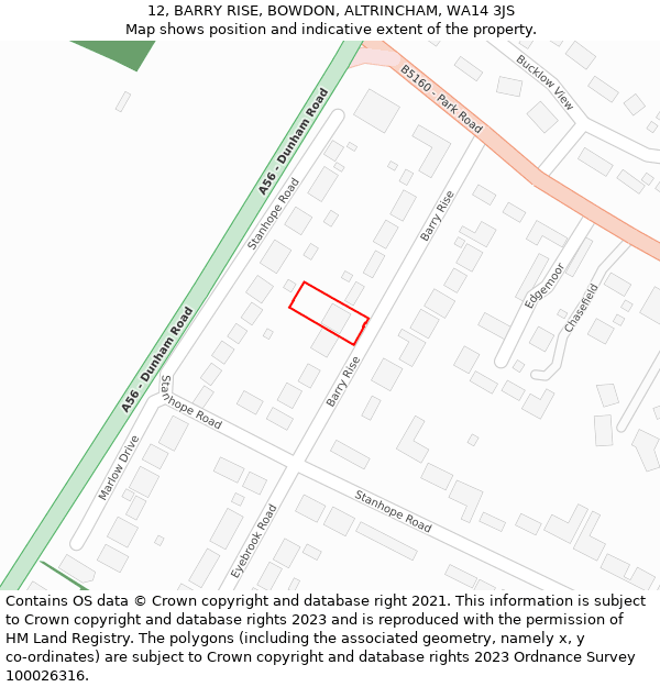 12, BARRY RISE, BOWDON, ALTRINCHAM, WA14 3JS: Location map and indicative extent of plot