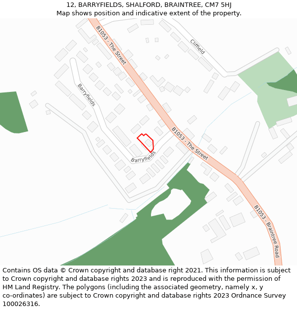 12, BARRYFIELDS, SHALFORD, BRAINTREE, CM7 5HJ: Location map and indicative extent of plot