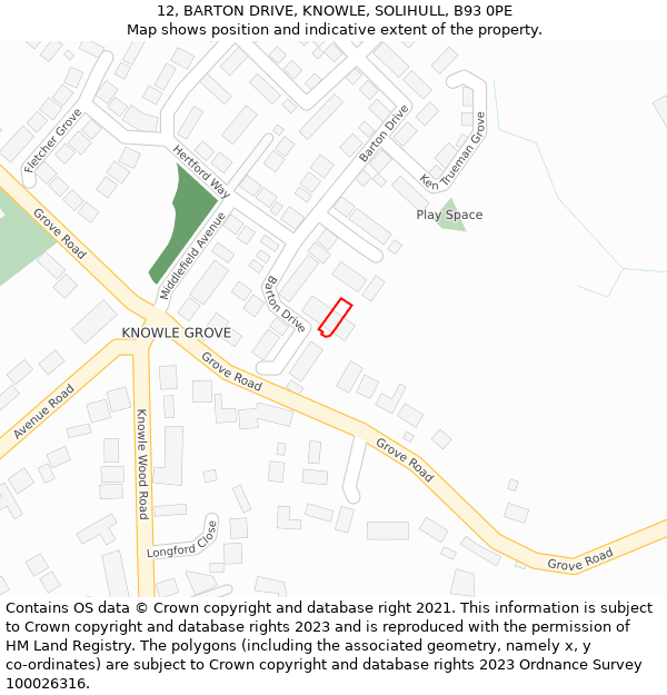 12, BARTON DRIVE, KNOWLE, SOLIHULL, B93 0PE: Location map and indicative extent of plot