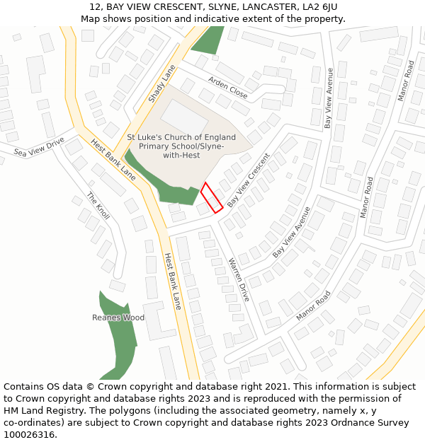 12, BAY VIEW CRESCENT, SLYNE, LANCASTER, LA2 6JU: Location map and indicative extent of plot