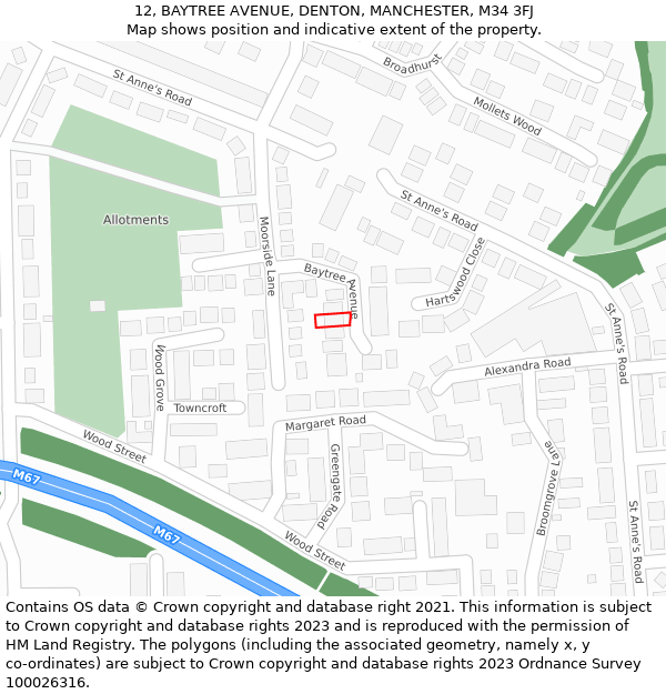 12, BAYTREE AVENUE, DENTON, MANCHESTER, M34 3FJ: Location map and indicative extent of plot