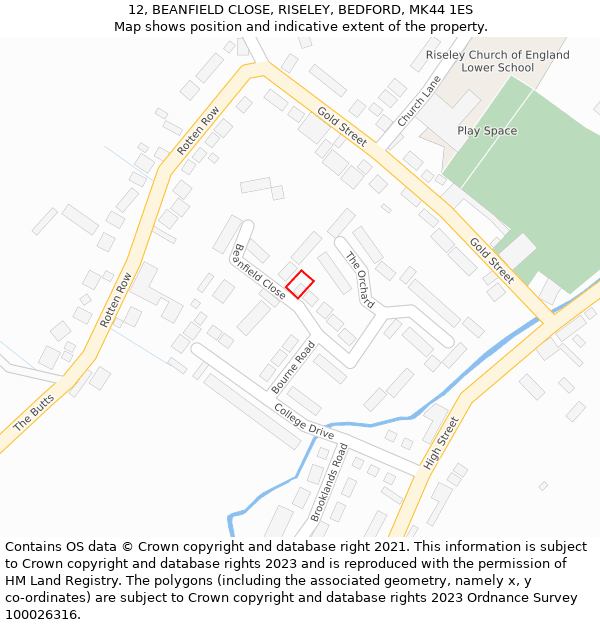 12, BEANFIELD CLOSE, RISELEY, BEDFORD, MK44 1ES: Location map and indicative extent of plot