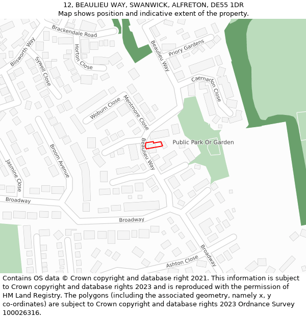 12, BEAULIEU WAY, SWANWICK, ALFRETON, DE55 1DR: Location map and indicative extent of plot