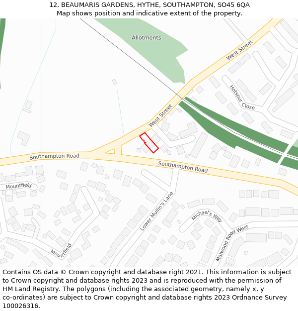 12, BEAUMARIS GARDENS, HYTHE, SOUTHAMPTON, SO45 6QA: Location map and indicative extent of plot