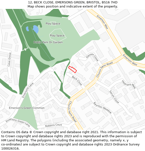 12, BECK CLOSE, EMERSONS GREEN, BRISTOL, BS16 7HD: Location map and indicative extent of plot