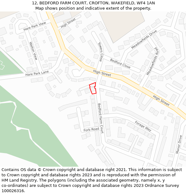 12, BEDFORD FARM COURT, CROFTON, WAKEFIELD, WF4 1AN: Location map and indicative extent of plot