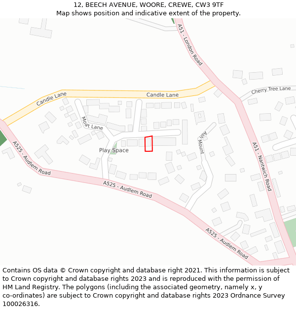 12, BEECH AVENUE, WOORE, CREWE, CW3 9TF: Location map and indicative extent of plot