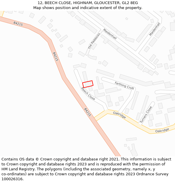 12, BEECH CLOSE, HIGHNAM, GLOUCESTER, GL2 8EG: Location map and indicative extent of plot