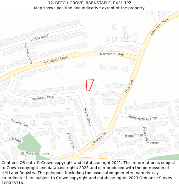 12, BEECH GROVE, BARNSTAPLE, EX31 1PZ: Location map and indicative extent of plot