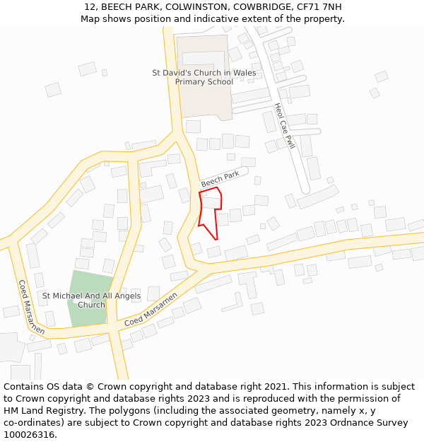 12, BEECH PARK, COLWINSTON, COWBRIDGE, CF71 7NH: Location map and indicative extent of plot