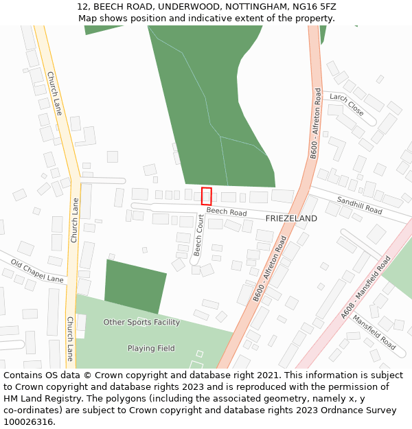 12, BEECH ROAD, UNDERWOOD, NOTTINGHAM, NG16 5FZ: Location map and indicative extent of plot