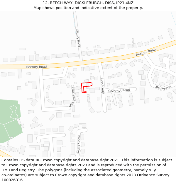 12, BEECH WAY, DICKLEBURGH, DISS, IP21 4NZ: Location map and indicative extent of plot