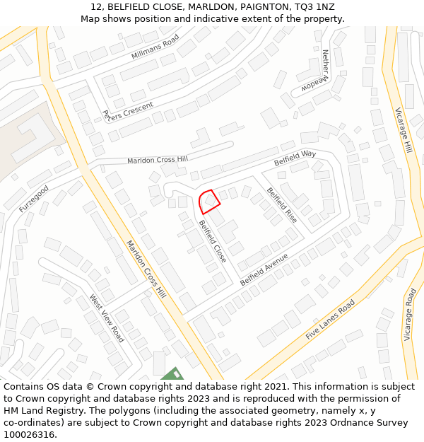 12, BELFIELD CLOSE, MARLDON, PAIGNTON, TQ3 1NZ: Location map and indicative extent of plot