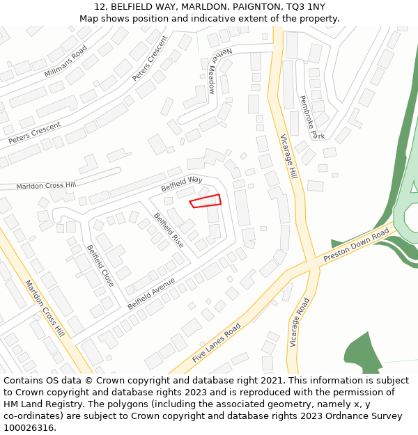 12, BELFIELD WAY, MARLDON, PAIGNTON, TQ3 1NY: Location map and indicative extent of plot