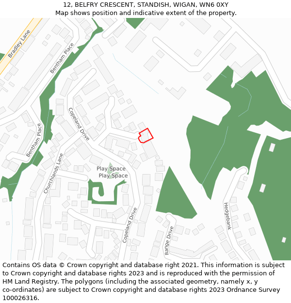 12, BELFRY CRESCENT, STANDISH, WIGAN, WN6 0XY: Location map and indicative extent of plot