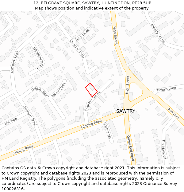 12, BELGRAVE SQUARE, SAWTRY, HUNTINGDON, PE28 5UP: Location map and indicative extent of plot