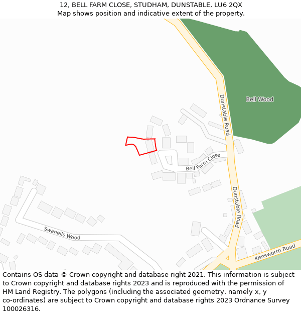 12, BELL FARM CLOSE, STUDHAM, DUNSTABLE, LU6 2QX: Location map and indicative extent of plot