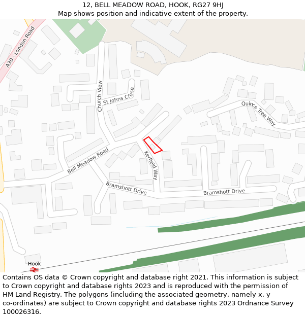 12, BELL MEADOW ROAD, HOOK, RG27 9HJ: Location map and indicative extent of plot