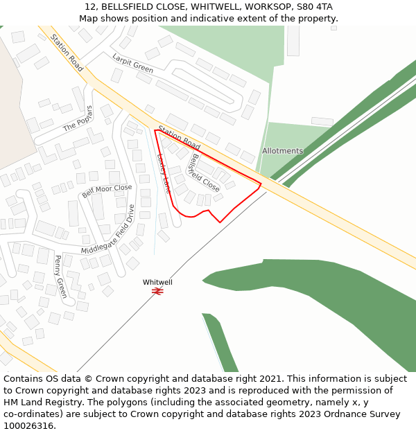 12, BELLSFIELD CLOSE, WHITWELL, WORKSOP, S80 4TA: Location map and indicative extent of plot
