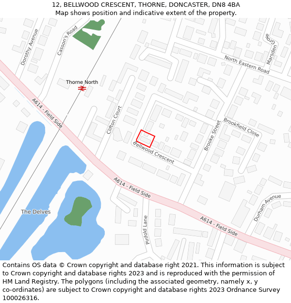 12, BELLWOOD CRESCENT, THORNE, DONCASTER, DN8 4BA: Location map and indicative extent of plot