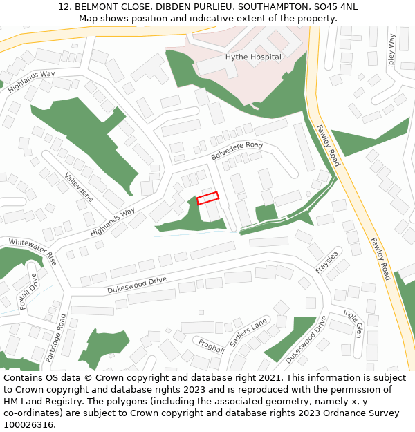 12, BELMONT CLOSE, DIBDEN PURLIEU, SOUTHAMPTON, SO45 4NL: Location map and indicative extent of plot