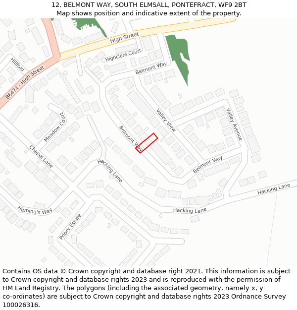 12, BELMONT WAY, SOUTH ELMSALL, PONTEFRACT, WF9 2BT: Location map and indicative extent of plot