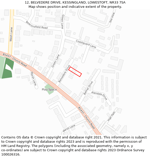 12, BELVEDERE DRIVE, KESSINGLAND, LOWESTOFT, NR33 7SA: Location map and indicative extent of plot