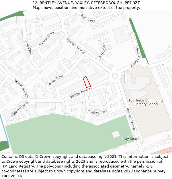 12, BENTLEY AVENUE, YAXLEY, PETERBOROUGH, PE7 3ZT: Location map and indicative extent of plot