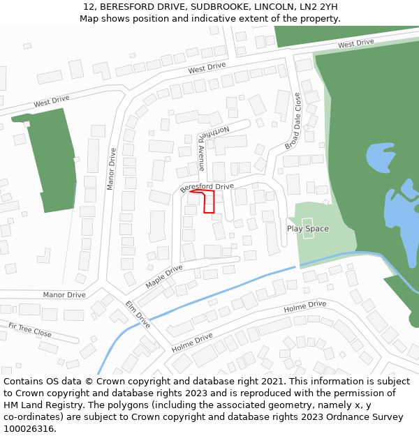 12, BERESFORD DRIVE, SUDBROOKE, LINCOLN, LN2 2YH: Location map and indicative extent of plot
