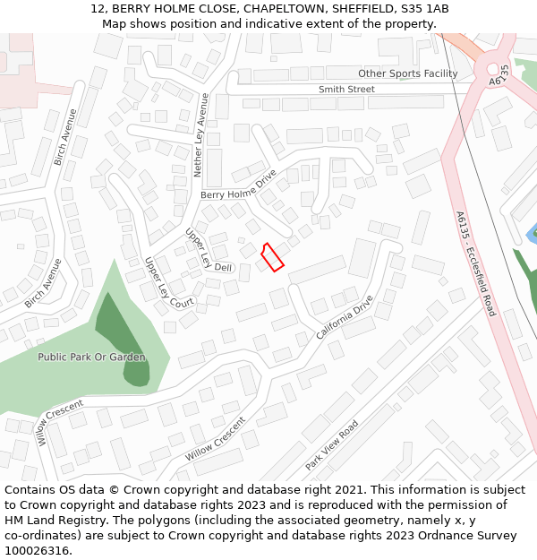 12, BERRY HOLME CLOSE, CHAPELTOWN, SHEFFIELD, S35 1AB: Location map and indicative extent of plot
