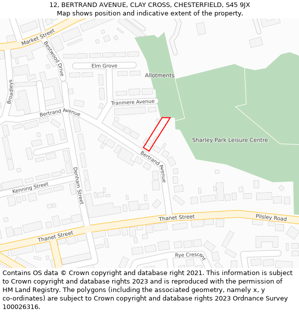 12, BERTRAND AVENUE, CLAY CROSS, CHESTERFIELD, S45 9JX: Location map and indicative extent of plot