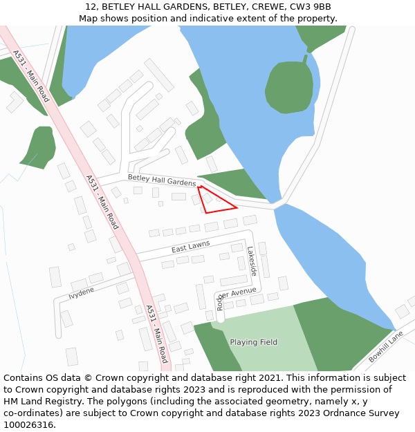 12, BETLEY HALL GARDENS, BETLEY, CREWE, CW3 9BB: Location map and indicative extent of plot