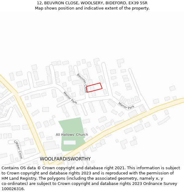 12, BEUVRON CLOSE, WOOLSERY, BIDEFORD, EX39 5SR: Location map and indicative extent of plot