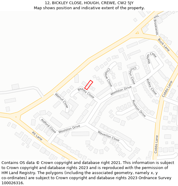 12, BICKLEY CLOSE, HOUGH, CREWE, CW2 5JY: Location map and indicative extent of plot