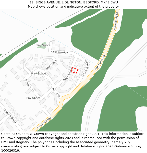 12, BIGGS AVENUE, LIDLINGTON, BEDFORD, MK43 0WU: Location map and indicative extent of plot