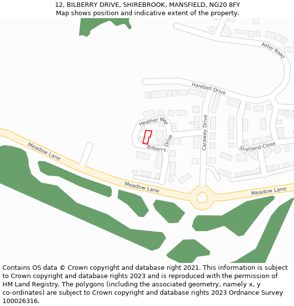 12, BILBERRY DRIVE, SHIREBROOK, MANSFIELD, NG20 8FY: Location map and indicative extent of plot
