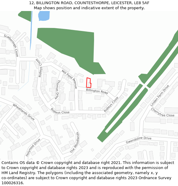 12, BILLINGTON ROAD, COUNTESTHORPE, LEICESTER, LE8 5AF: Location map and indicative extent of plot