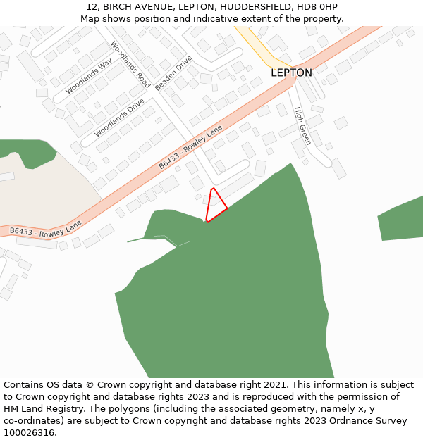 12, BIRCH AVENUE, LEPTON, HUDDERSFIELD, HD8 0HP: Location map and indicative extent of plot