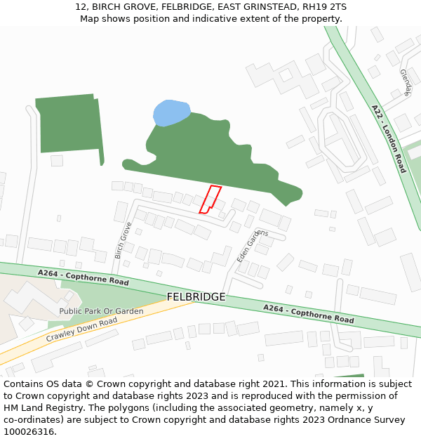 12, BIRCH GROVE, FELBRIDGE, EAST GRINSTEAD, RH19 2TS: Location map and indicative extent of plot