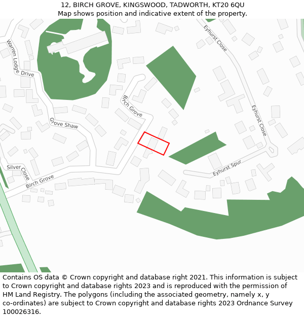 12, BIRCH GROVE, KINGSWOOD, TADWORTH, KT20 6QU: Location map and indicative extent of plot