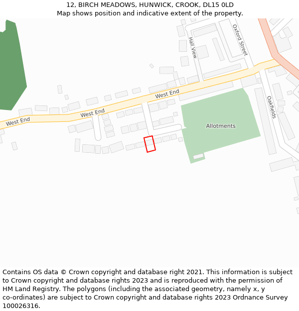 12, BIRCH MEADOWS, HUNWICK, CROOK, DL15 0LD: Location map and indicative extent of plot