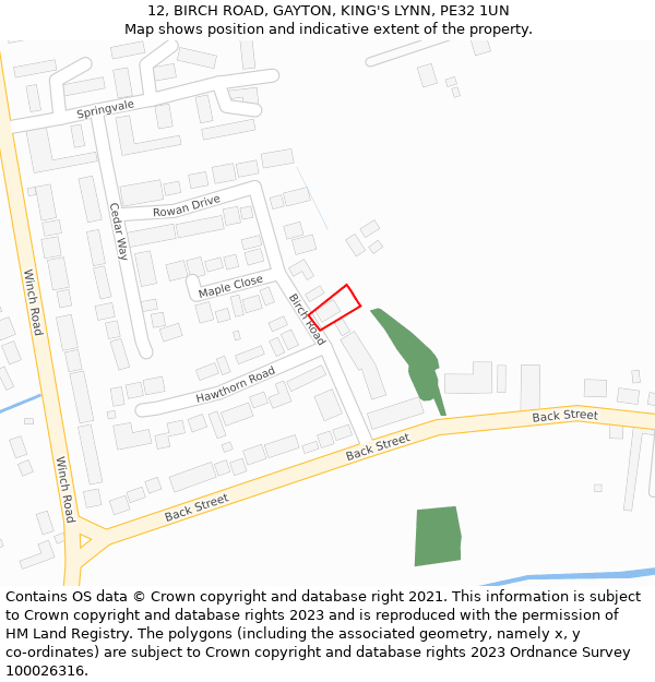 12, BIRCH ROAD, GAYTON, KING'S LYNN, PE32 1UN: Location map and indicative extent of plot