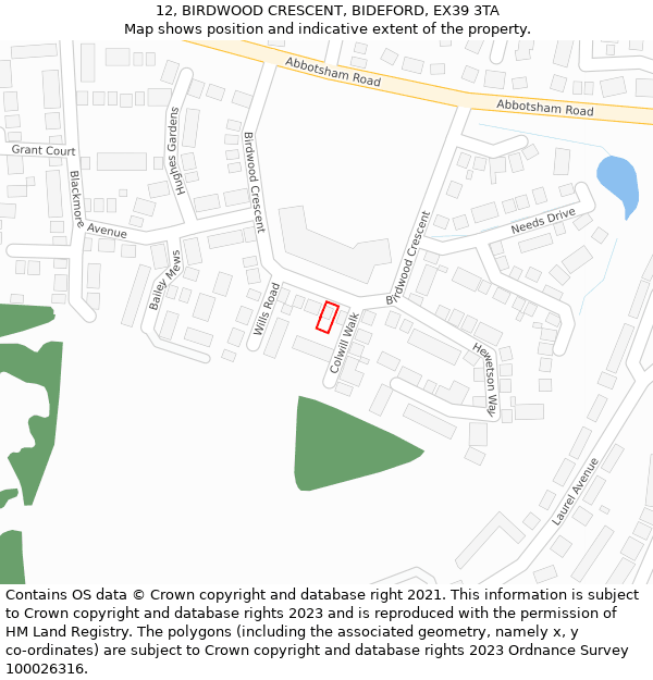 12, BIRDWOOD CRESCENT, BIDEFORD, EX39 3TA: Location map and indicative extent of plot
