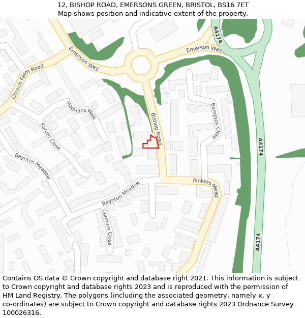 12, BISHOP ROAD, EMERSONS GREEN, BRISTOL, BS16 7ET: Location map and indicative extent of plot