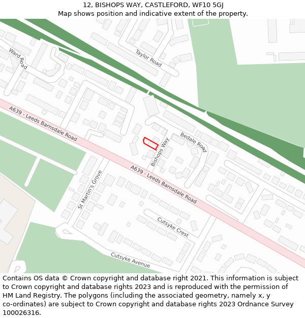 12, BISHOPS WAY, CASTLEFORD, WF10 5GJ: Location map and indicative extent of plot